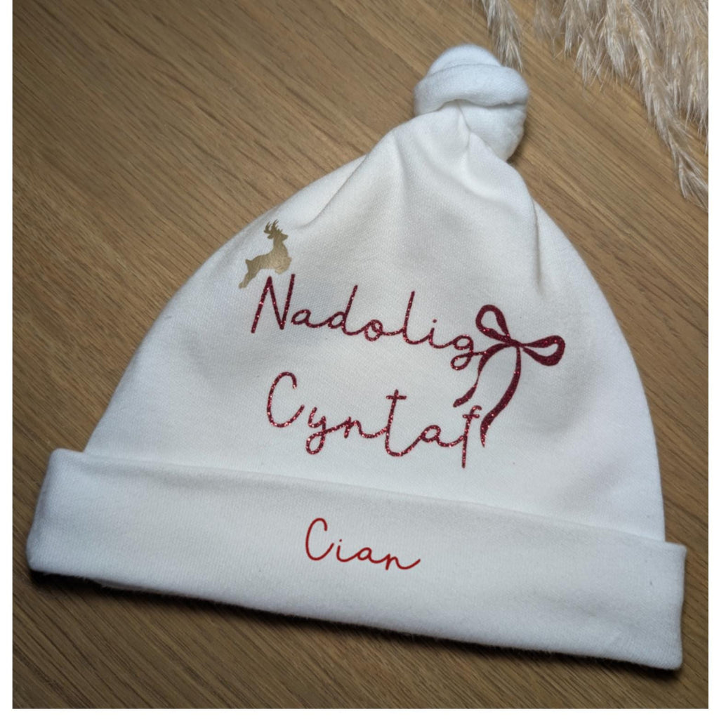 Personalized Baby First Christmas Hat – Welsh "Nadolig Cyntaf", Holiday Photo Prop