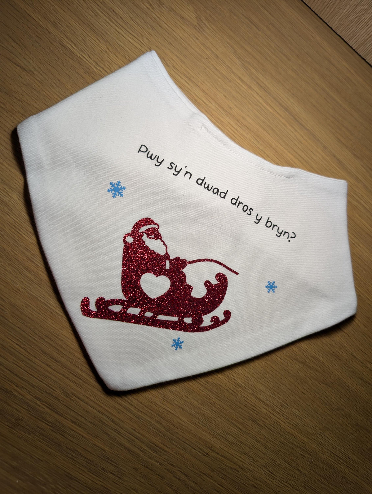 Personalised Welsh Christmas Baby Bib – Glitter Santa Sleigh, Cotton Bandana bib