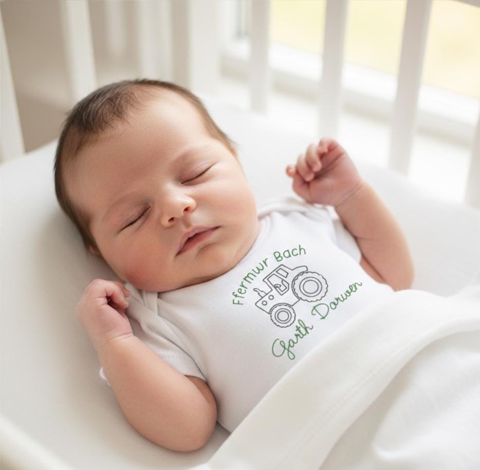 Personalised Little Farmer Baby Vest – Welsh “Ffermwr Bach” Bodysuit – Custom Farm Name New Baby Gift