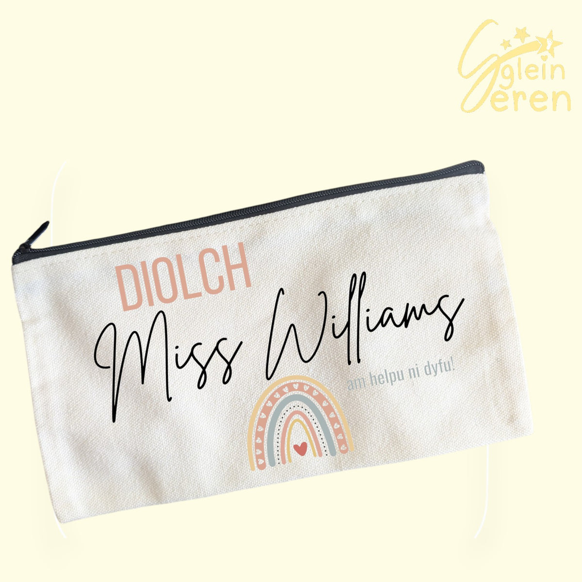 Personalised Welsh Teacher Pencil Case – "Diolch" Boho Rainbow Canvas Pouch