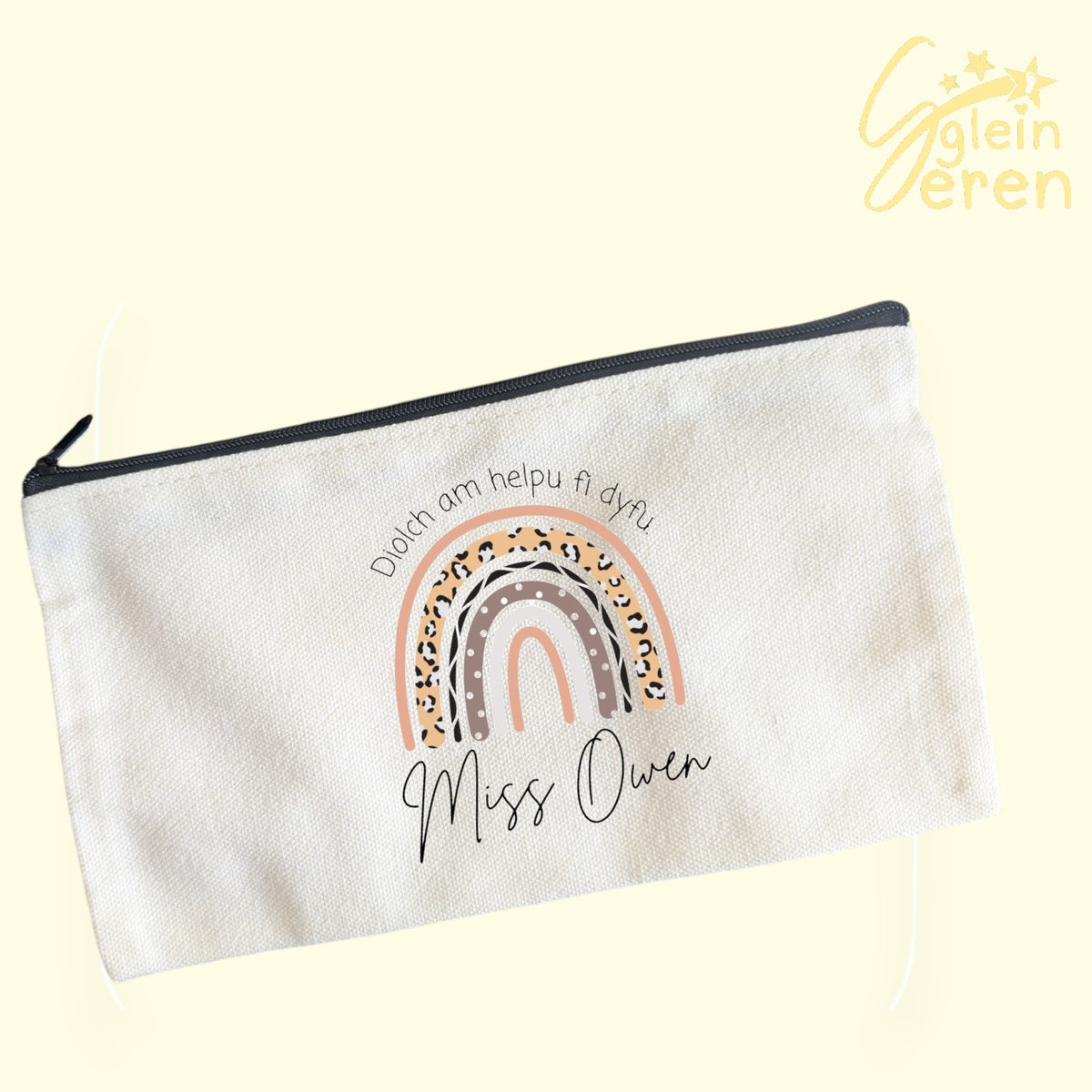 Personalised Welsh Teacher Pencil Case – "Diolch Am Helpu Fi Dyfu" Leopard Rainbow Pouch