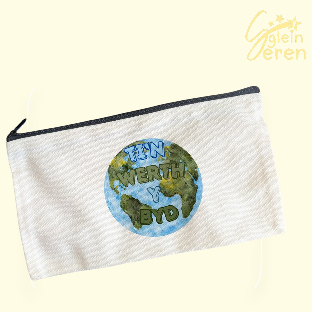 "Ti'n Werth y Byd" Welsh Language Pencil Case – Watercolor Earth Canvas Pouch