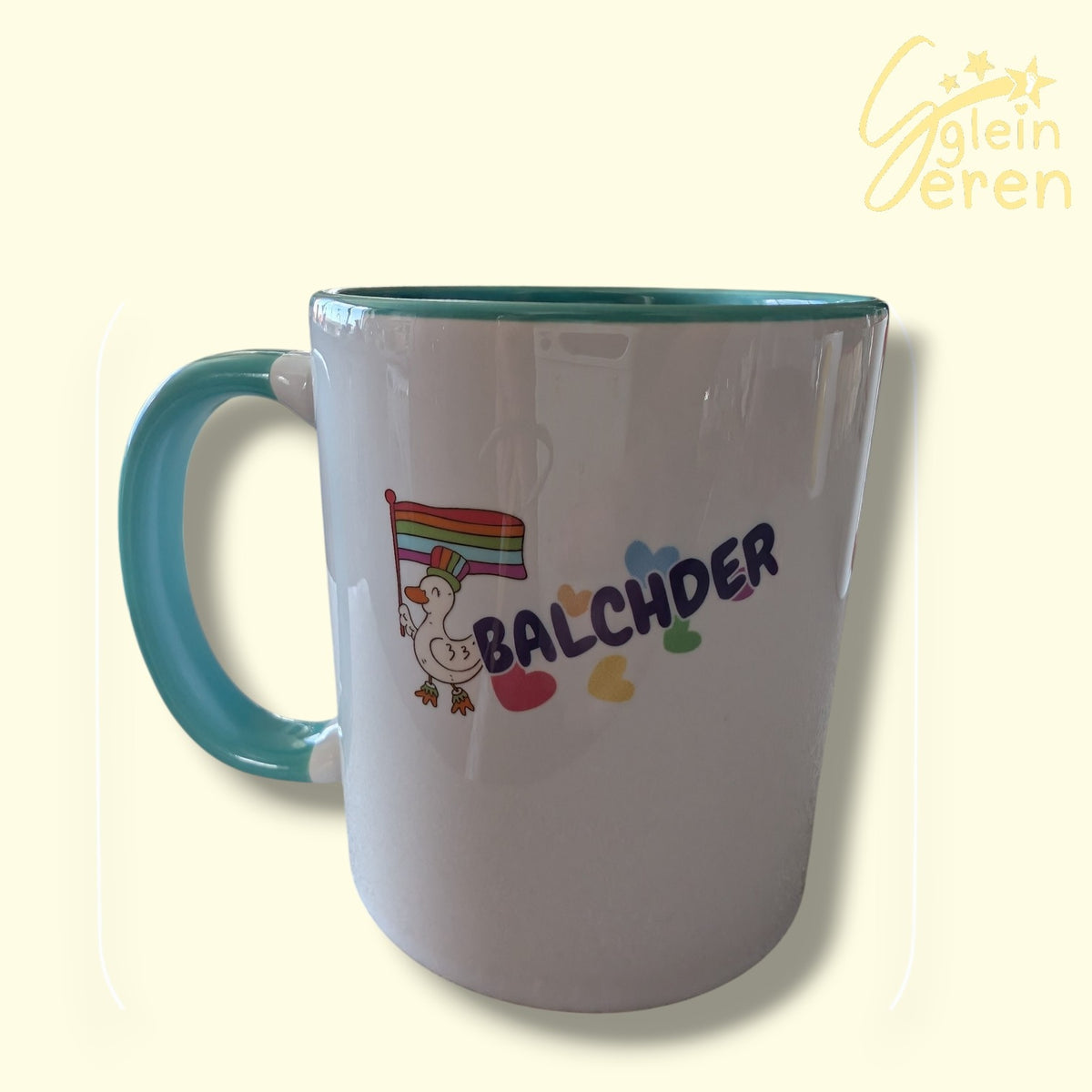 Custom Welsh Pride "BALCHDER" Duck Ceramic Mug – Teal Handle & Interior