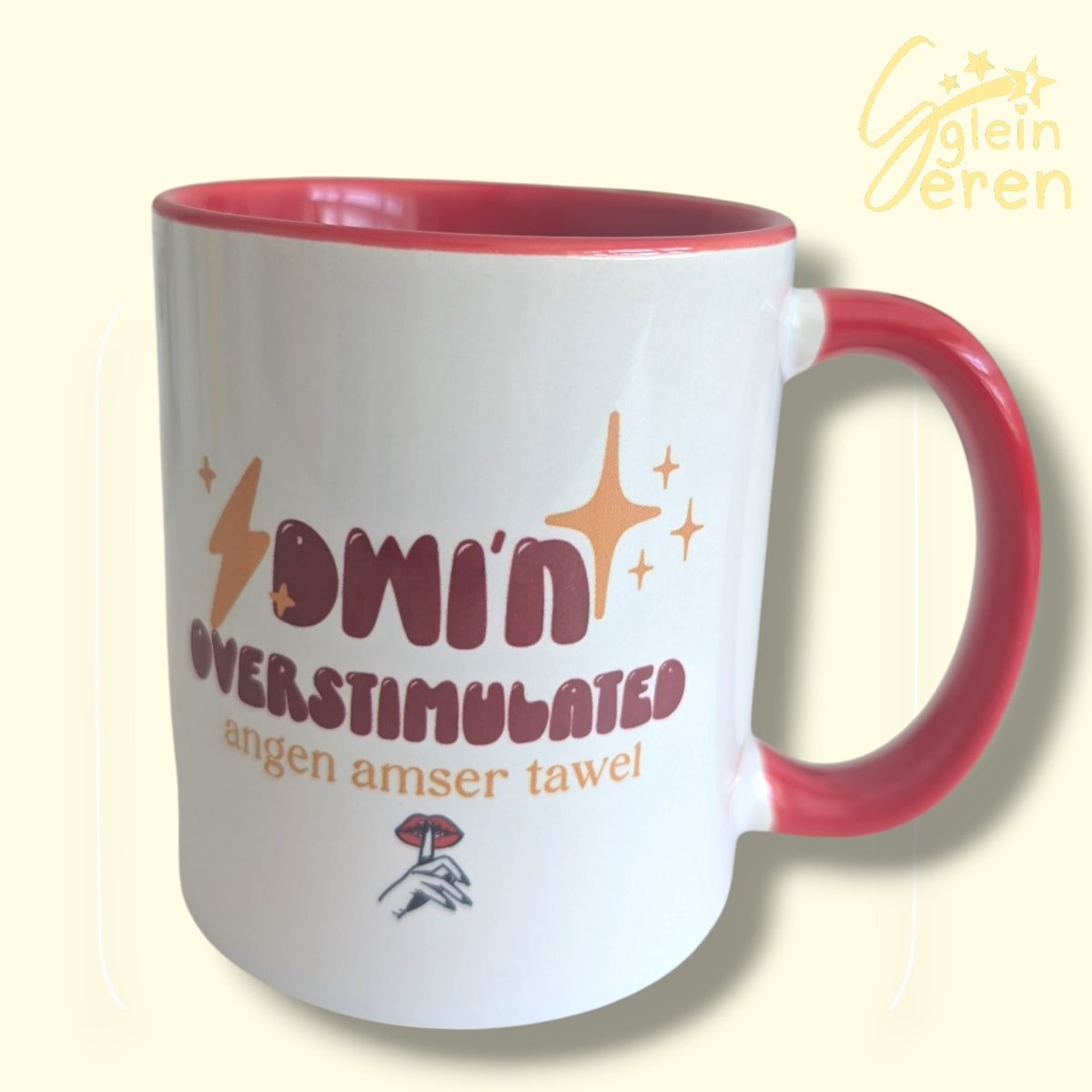Sglein Seren Welsh Teacher Mug – "Dwi'n Overstimulated" – Funny Retro End of Year School Staff Gift