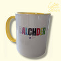 Custom Welsh Pride "BALCHDER" Multicolor Typography Ceramic Mug – Yellow Handle & Interior