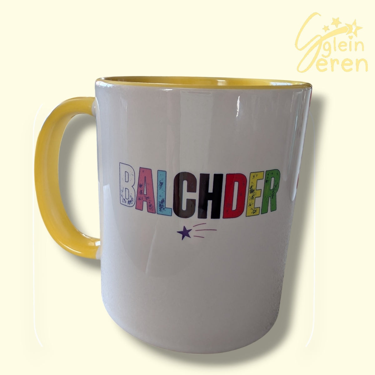 Custom Welsh Pride "BALCHDER" Multicolor Typography Ceramic Mug – Yellow Handle & Interior