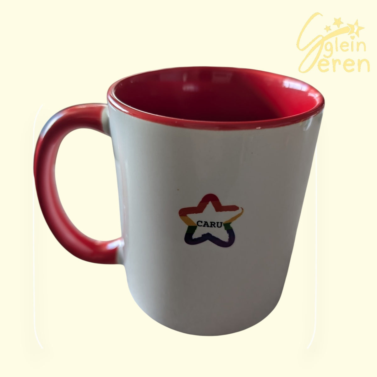 Custom "CARU" Pride Rainbow Star Ceramic Mug – Red Handle & Interior