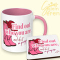 Dolly Parton Inspired Mug & Coaster Gift Set – Pink Cowgirl Boots & Red Hat with Inspirational Quote