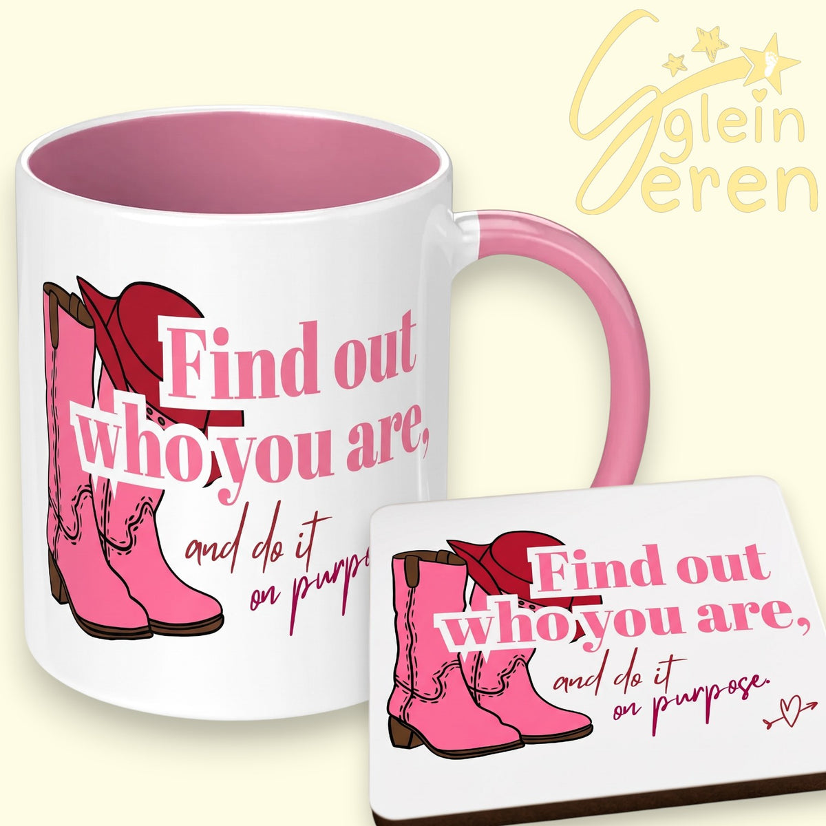 Dolly Parton Inspired Mug & Coaster Gift Set – Pink Cowgirl Boots & Red Hat with Inspirational Quote